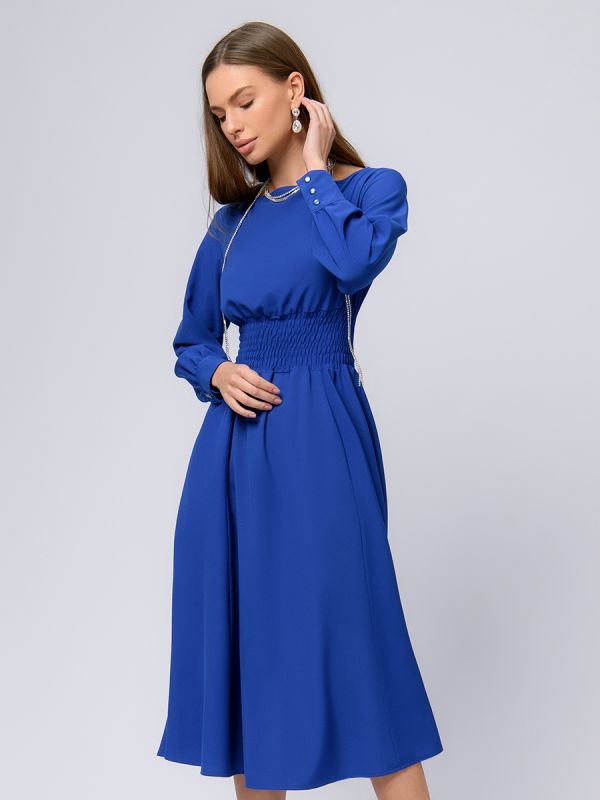 Blue midi length dress with wide elastic band at waist