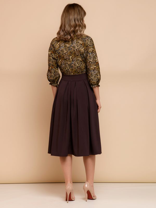 Dark brown midi length dress with printed top and batwing sleeve