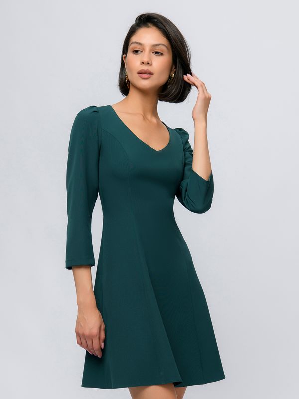 Emerald color mini length dress with 3/4 sleeves and v-neckline