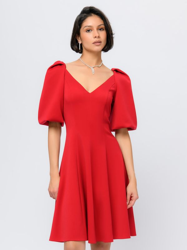 Red colored mini length dress with voluminous sleeves