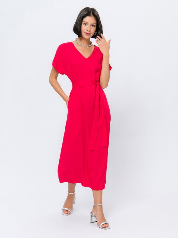 Raspberry colored midi length dress with pockets and short sleeves