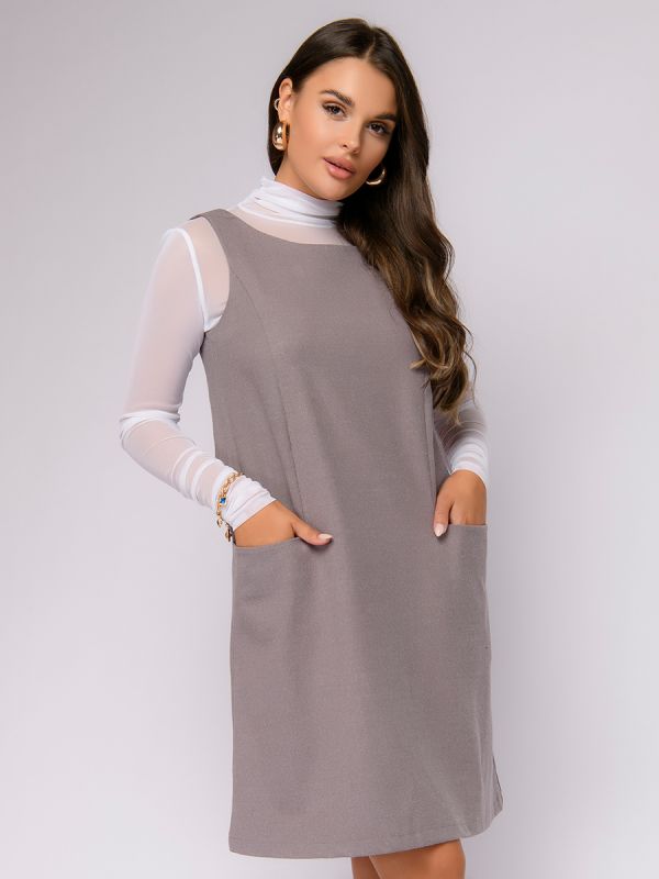 Sleeveless gray-beige mini length free silhouette dress