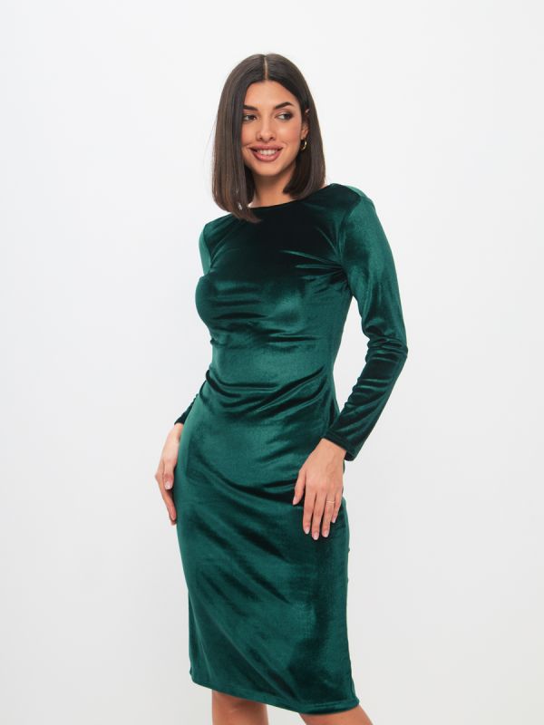 Emerald-colored midi length flare dress with V-neck on back