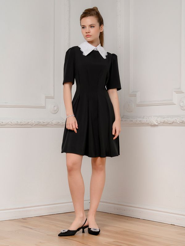 Black mini length dress with lace collar