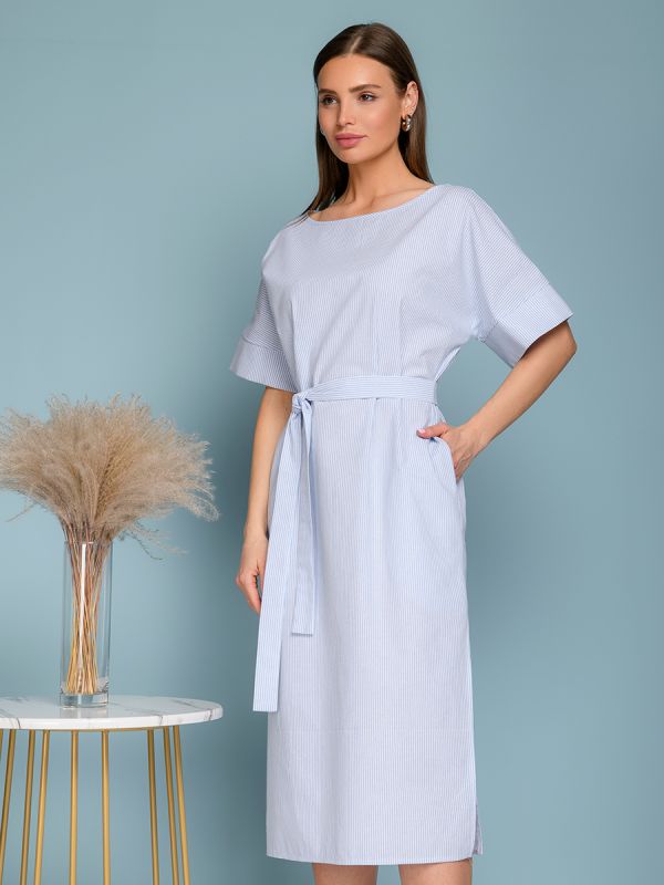 Blue striped white midi length dress with short sleeves