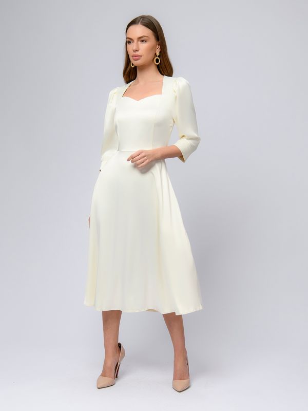 Milk colored midi length dress with voluminous sleeves and bob neckline