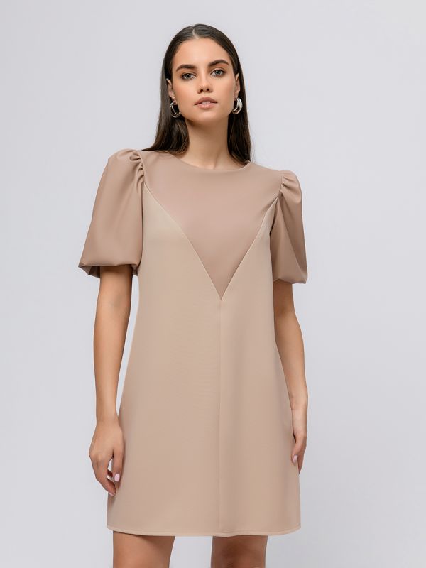 Beige mini length dress with puffed sleeves and leather inset