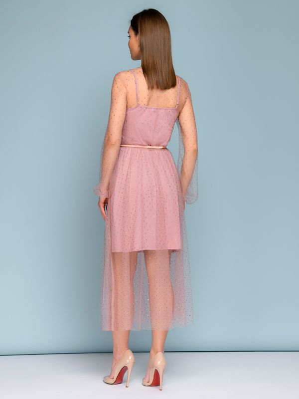 Pink midi length dress with tulle trim