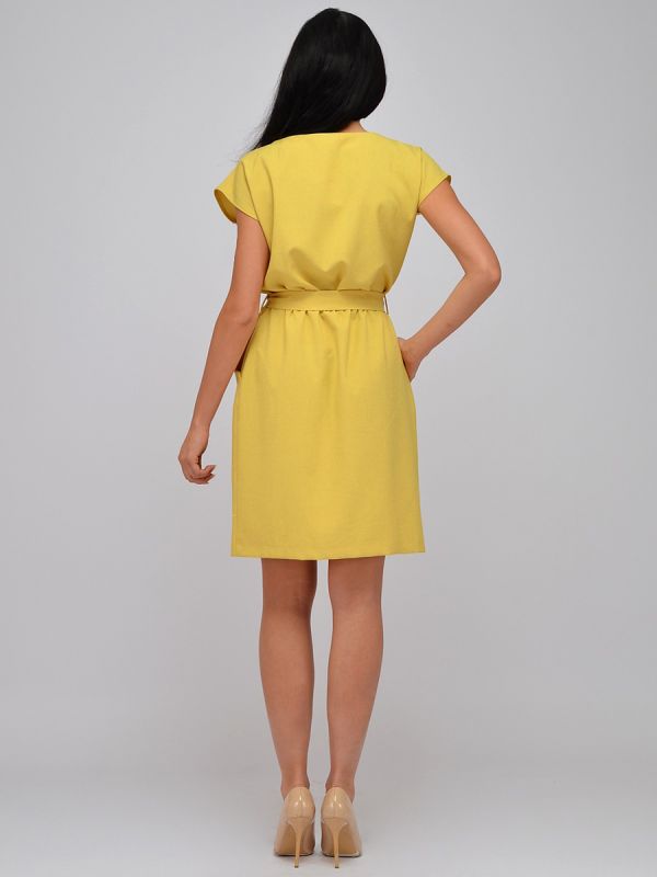 Mustard-colored mini dress with pockets and waistband