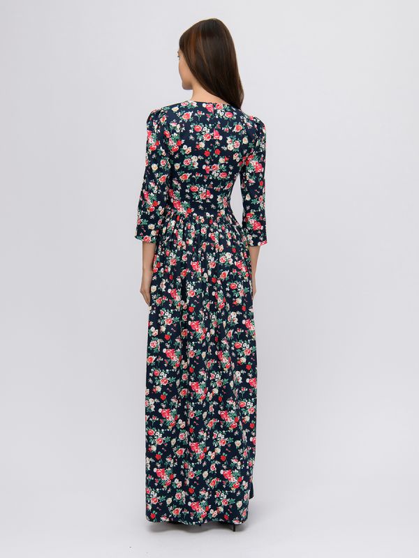 Dark blue maxi length dress with floral print and 3/4 sleeves