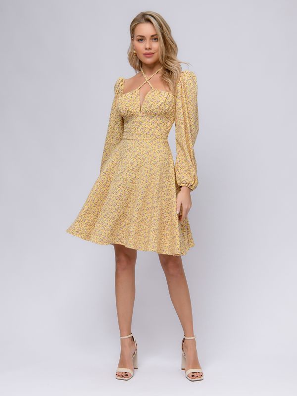 Yellow color print mini length dress with gathering on the bodice