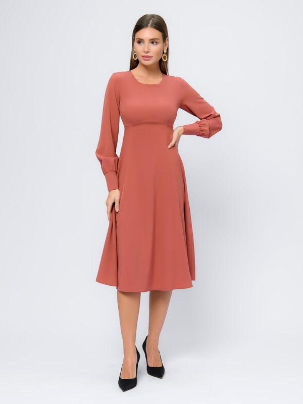 Terracotta midi length dress with slit skirt and long sleeves