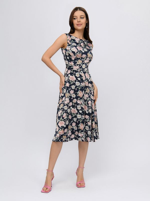 Dark blue print midi length sleeveless dress