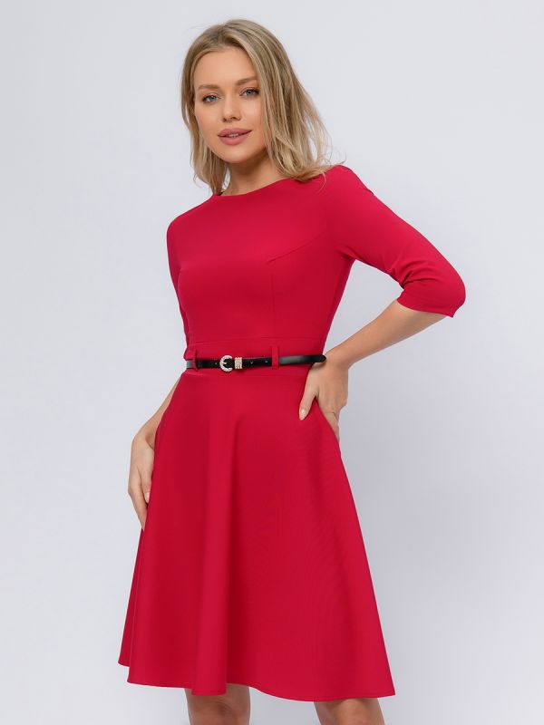 Red dress with 3/4 sleeves and flared skirt