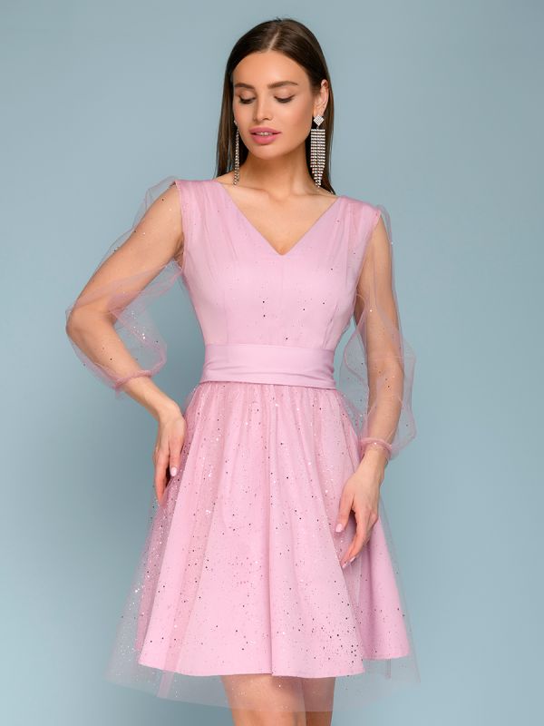 Pink mini length double layer dress with v-neckline