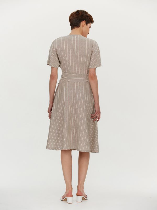 Beige striped dress with a flap and short sleeves