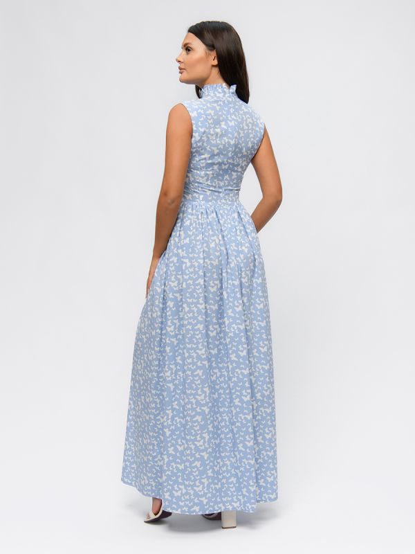 Sleeveless blue print maxi length dress