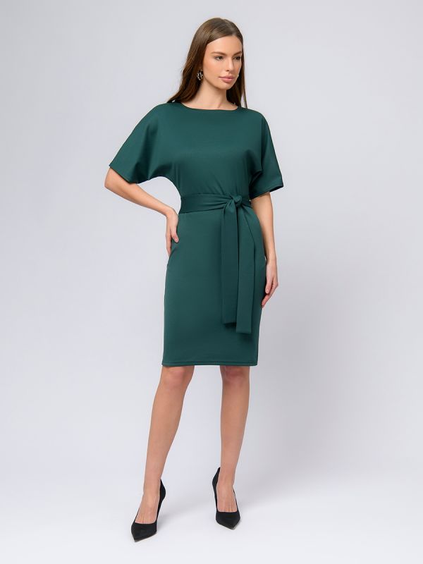 Green mini length dress with belt and batwing sleeve