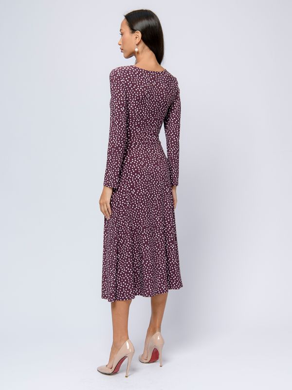 Midi length burgundy print dress with trim on the chest and long sleeves