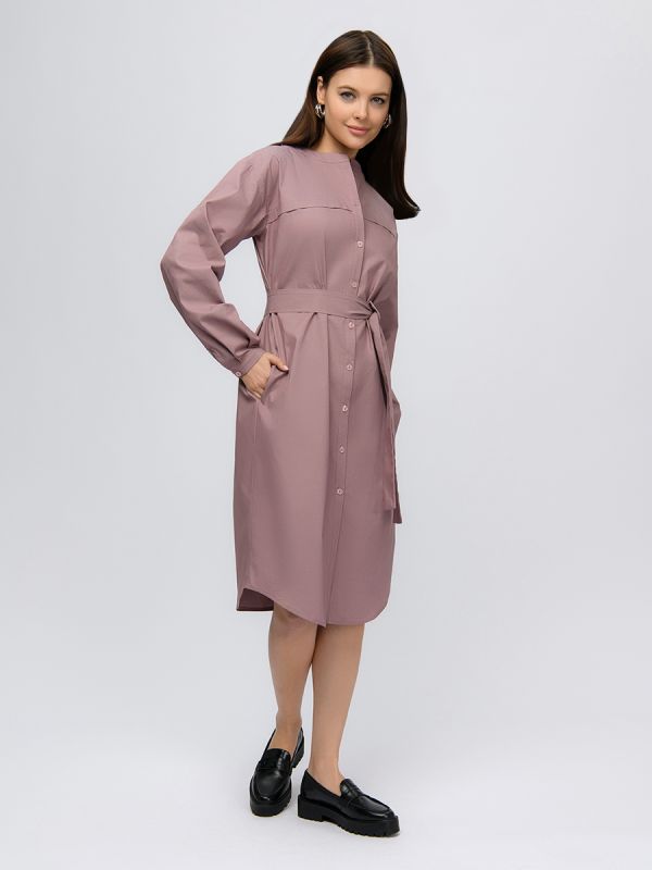 Coffee color dress with buttons and puffed sleeves