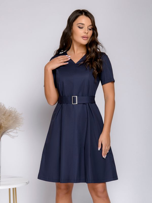 Dark blue dress with short sleeves and waistband