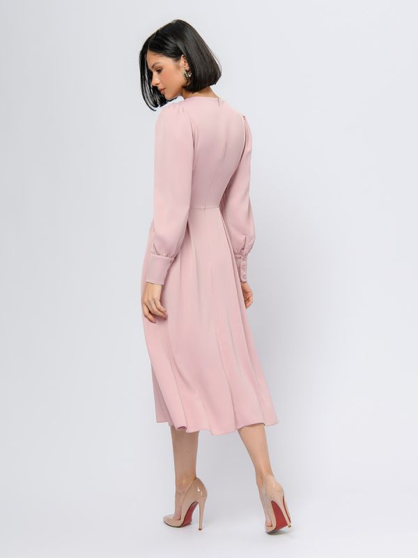 Dusty rose color midi length dress with long sleeves