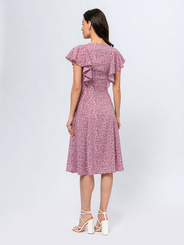 Purple colored midi length dress with floral print and short sleeves