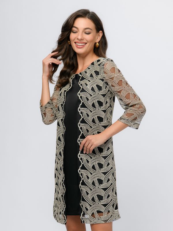 Black mini length dress with gold embroidery and 3/4 sleeves