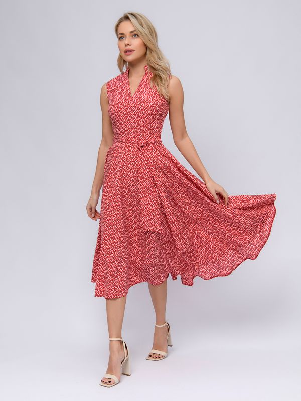 Sleeveless red print midi length dress