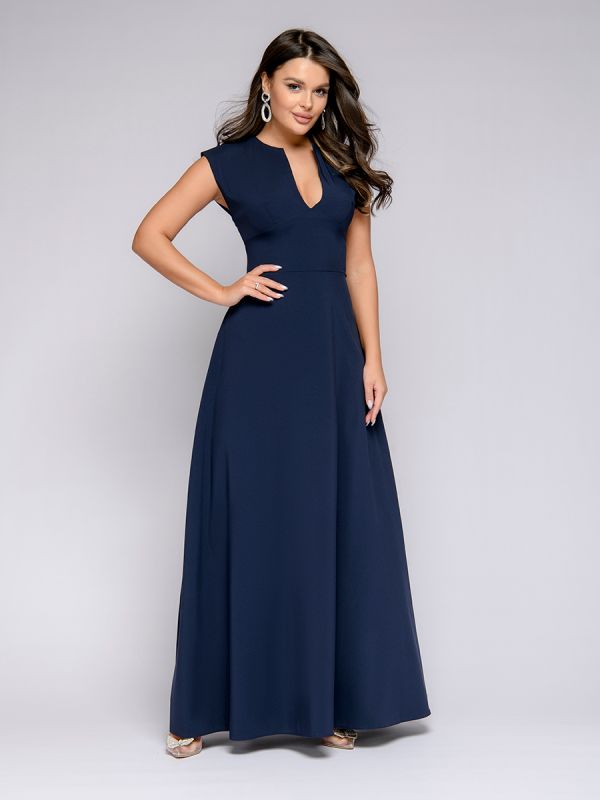 Dark blue maxi length dress with deep neckline