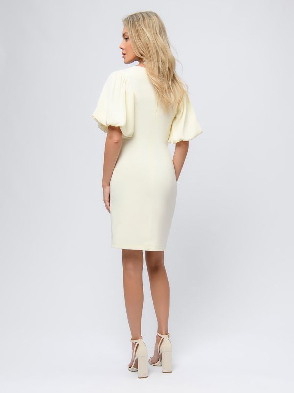 Vanilla color mini length dress with voluminous sleeves and open shoulders