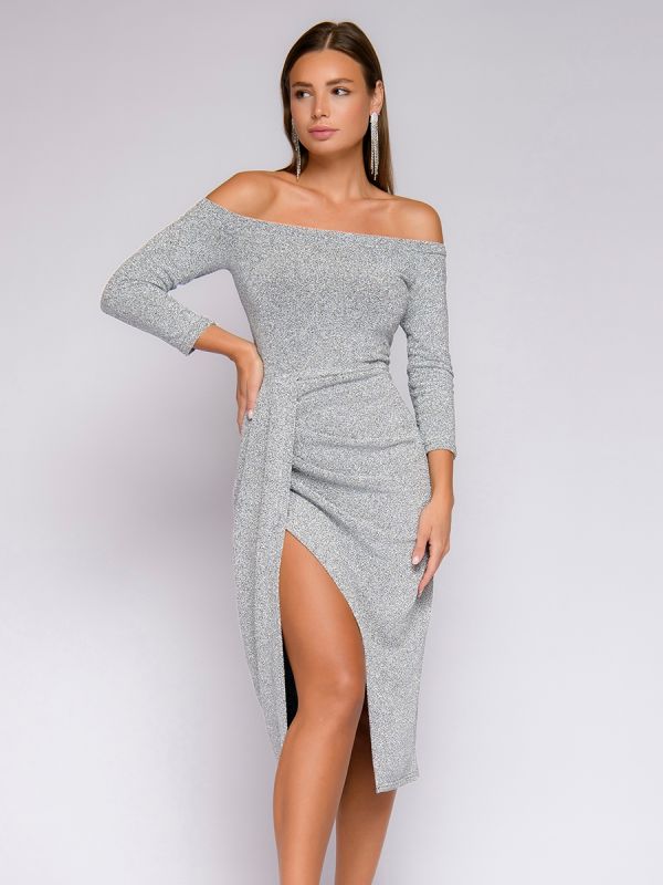 Silver-colored dress with open shoulders and draped skirt