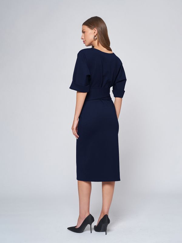 Blue midi length dress with belt and batwing sleeve