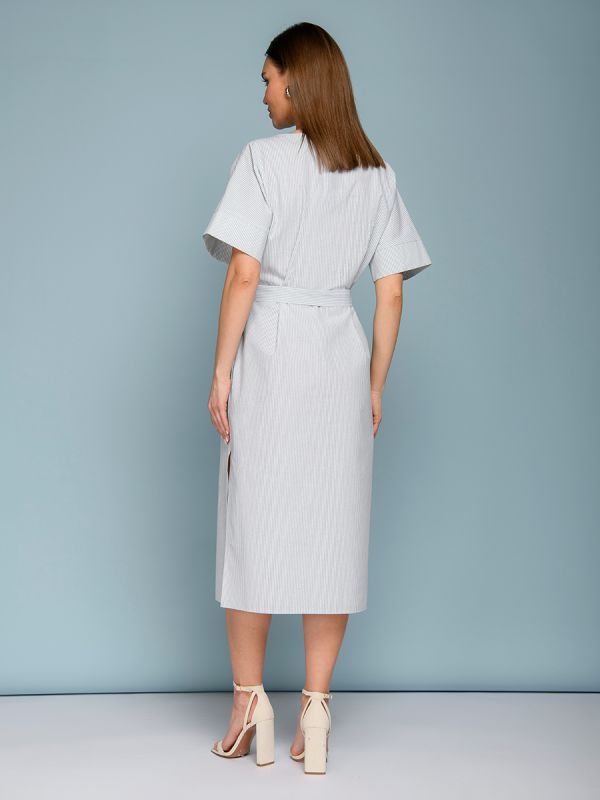 Green striped white midi length dress with short sleeves