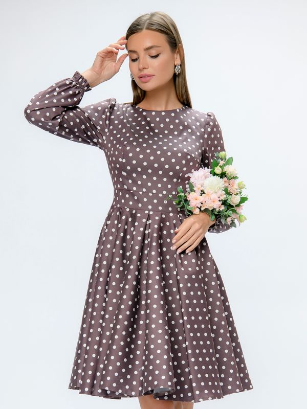 Beige polka dot mini length dress with puffed sleeves