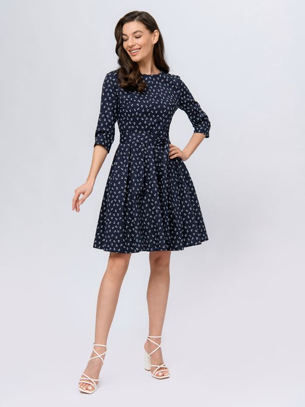 Navy blue mini length dress with print and 3/4 sleeves