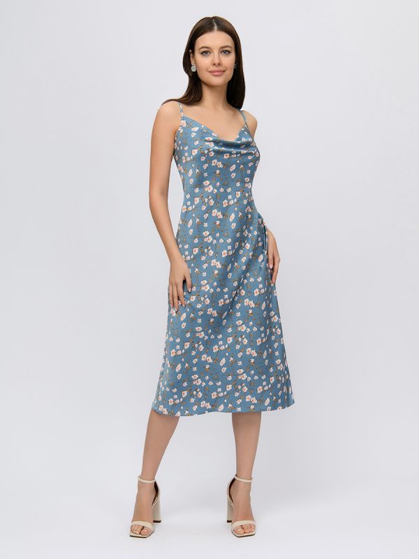 Blue floral print midi length dress with straps