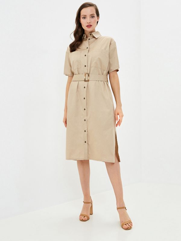 Beige shirt dress with patch pockets and waistband