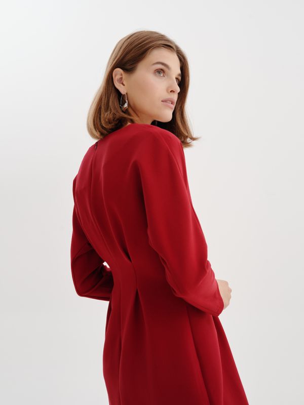 Burgundy dress with pleats at waist and batwing sleeves