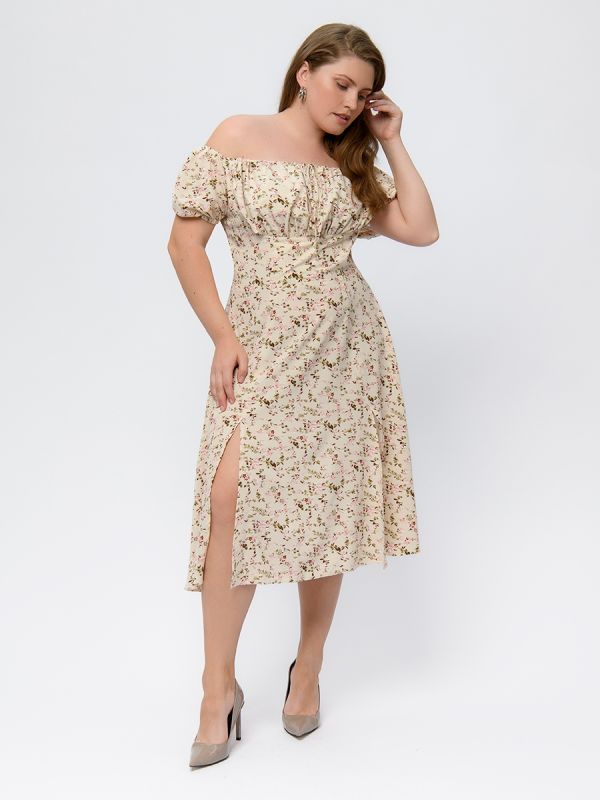 Beige print midi length dress with gathered bodice and short sleeves