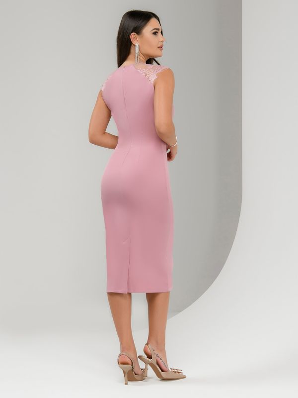 Pink midi length midi dress with lace inserts