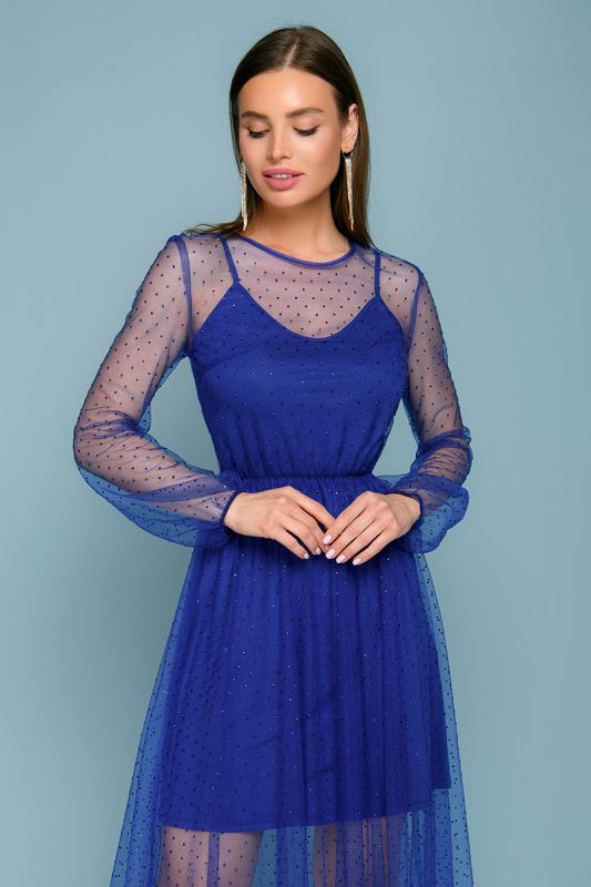 Blue color midi length dress with rhinestones