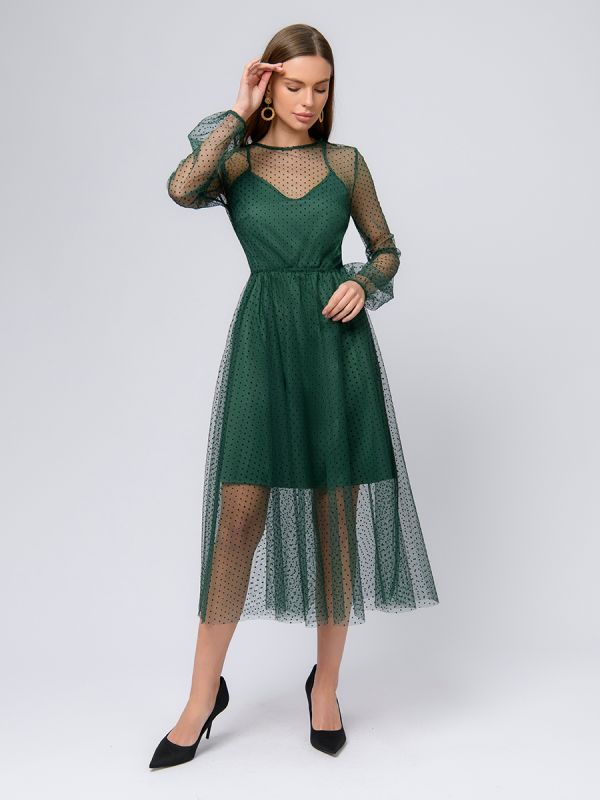 Dark green midi length dress with tulle trim