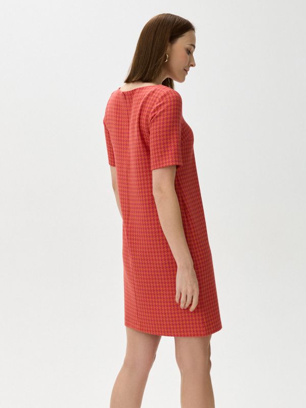 Red mini houndstooth print dress with short sleeves