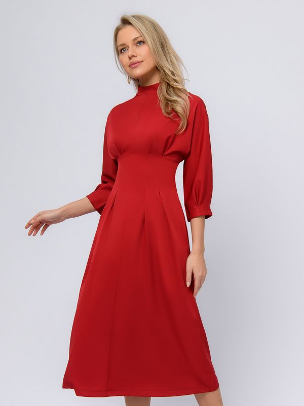 Midi length burgundy dress with stand-up collar and voluminous sleeves