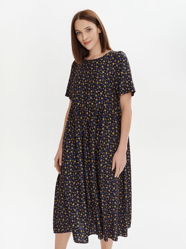 Black midi print dress with 3/4 sleeves