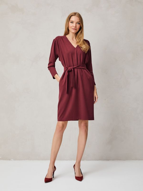 Burgundy dress with gathers on shoulders and waistband