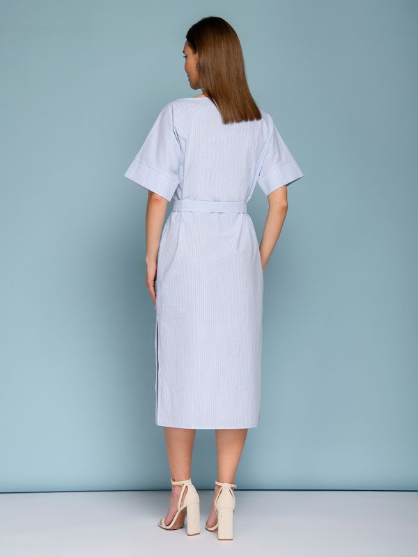 Blue striped white midi length dress with short sleeves