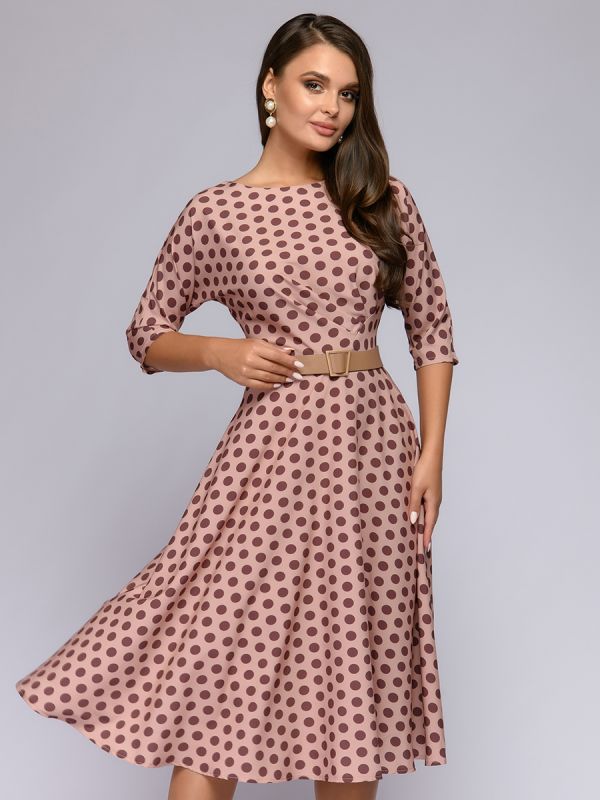 Beige polka dot midi length dress with waist flap