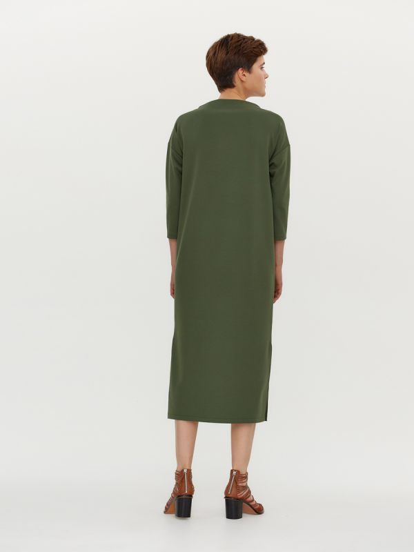 Green midi length dress with dropped shoulder and slits on the sides